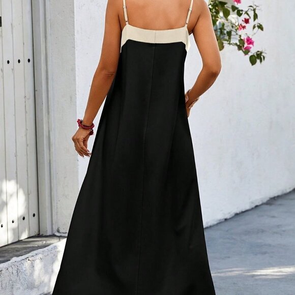 Black Casual Women's Colorblock Spaghetti Strap Dress - Picture 2 of 5